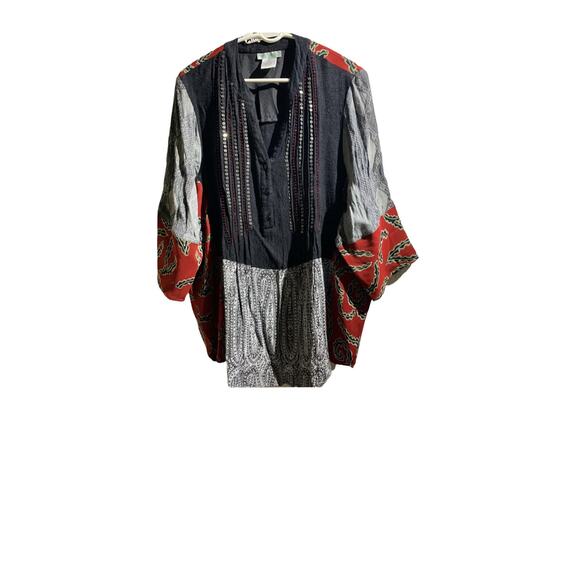 Ulla Popken 16/18 3/4 Sleeve Tunic Blouse Sequin Pieced Fabric Black Red Plus - Picture 6 of 7
